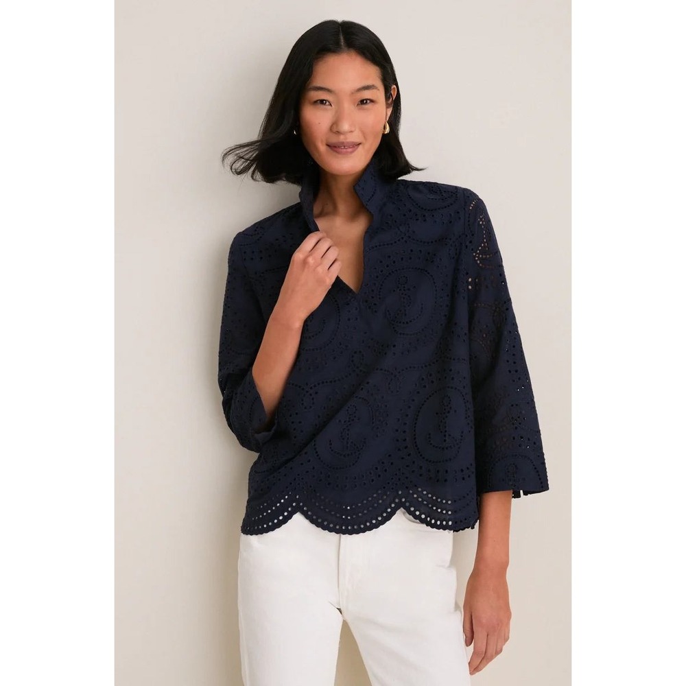 Tuckernuck Margot Blouse Medium Navy Nautical Eyelet Stand Collar NWT Coastal